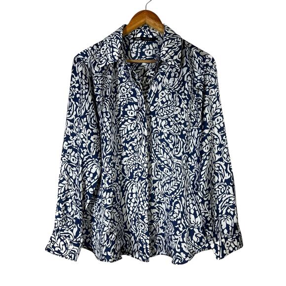 ZARA Blue White Abstract Floral Button Down Shirt Womens L European Coastal - Picture 2 of 6